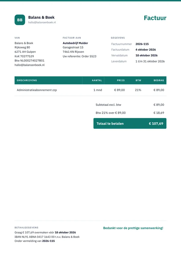 Voorbeeld abonnementsfactuur van een administratiekantoor met een vaste maandprijs, abonnementsperiode en 21% btw