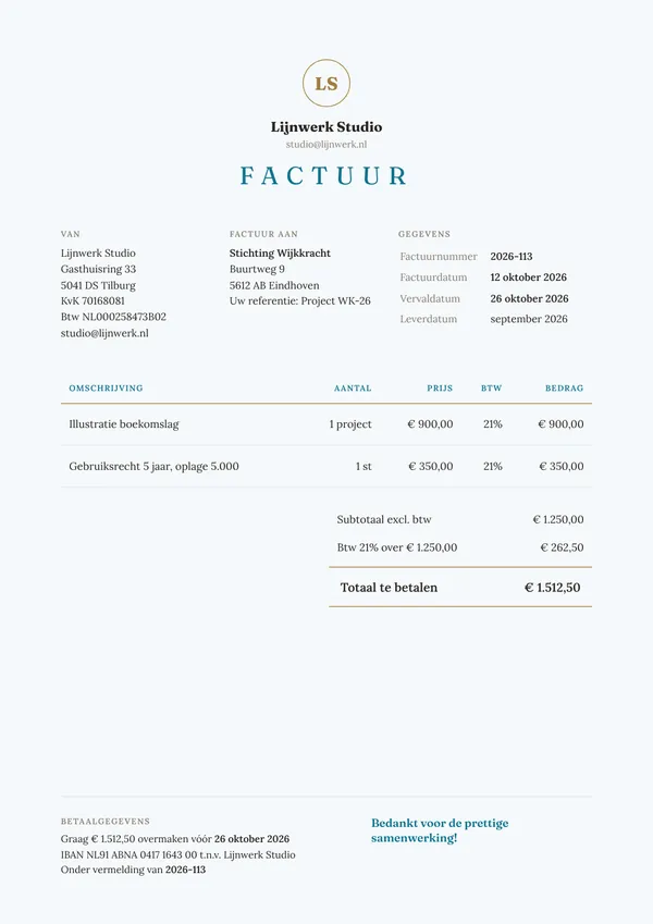 Voorbeeld factuur van een illustrator voor een project met vaste prijs, inclusief 21% btw, factuurnummer en betaalgegevens